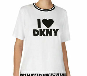 DKNY Women's Short-Sleeve Ringer T-Shirt Pajama Top, White With Logo
