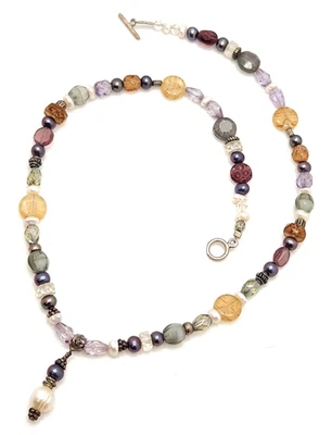 Boho Chic 900 Coin Silver Multicolor Beaded Glass Pearl Choker Necklace 16" Long - Image 1 of 4