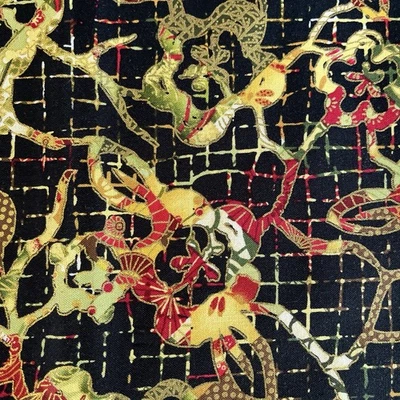 Formosa asiatische Blumen linear schwarz gold rot grün Heidi Dobrott 1 Yard - Bild 1 von 4