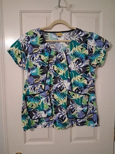 Wonder Wink Women’s SZ L Scrub 100% Cotton Top Blue Multicolor 2 Pockets - Picture 1 of 6