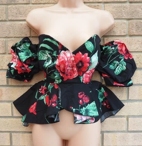Moda made in Italy Black red green floral Peplum bandeau top blouse UK 10 12 - Picture 1 of 6