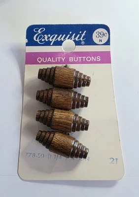 Vintage Exquisit Barrel Shank Buttons 4  Brown Wood On Card NOS 31.75 mm - Image 1 of 2
