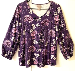 Chico's Silky Tunic Top "3" (XL) Vneck 3/4slv w/elastic Purple/Pink/White Floral - Picture 1 of 6
