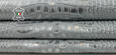 METALLIC SILVER DISTRESSED ON CROCODILE PRINT ON Goat leather 4+sqf 0.8mm C4731 - Image 1 of 4