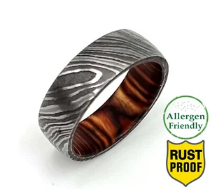 Customized Etched Damascus Steel Ring Wood Sleeve Men's Engagement Band For Him - Picture 1 of 9