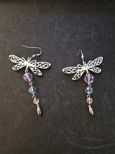 Silver Dragonfly Dangle Earrings Multicolor Transparent Crystal Beads - Picture 1 of 6