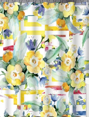 Serona Geometric Blooming Flowers Modern Shower Curtain Yellow Green 70 x 72" - Image 1 of 2