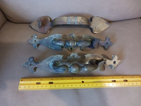 3x Vintage Victorian Large Fleur de lis Brass Thumb Latch Door Handle 11" Cover