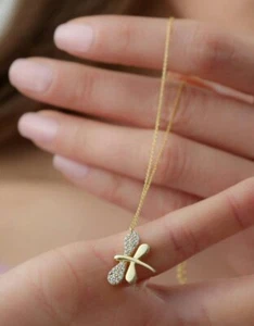 14k Solid Yellow Gold Dragonfly Diamond Necklace Pendant Gold Dragonfly Necklace - Picture 1 of 12