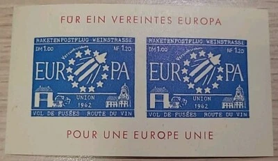 Block Raketenpostflug Weinstrasse 1962 Europa Raketenflug Raketenpost EU (8019 - Bild 1 von 2