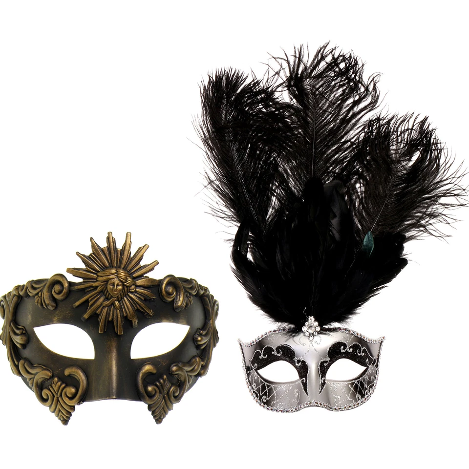 Black Gold Roman Greek & Silver Mardi Gras Eye Mask w/ Black Feather Couple Mask - Image 1 of 1