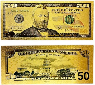 Gold-Plated $50 USA PVC Banknote – Collectible Souvenir  Ulysses S. Grant Design - Image 1 of 4
