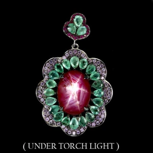 925 Sterling Silver Pendant Oval Star Ruby 6Rays 11ct Emerald Jewelry Handmade - Picture 1 of 14