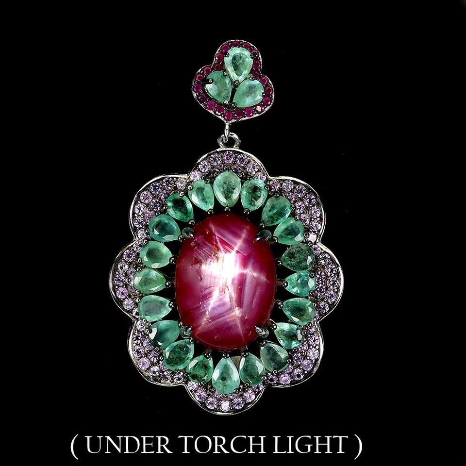 925 Sterling Silber Anhänger Oval Star Rubin 6Rays 11ct Smaragd Schmuck Handmade - Bild 1 von 4