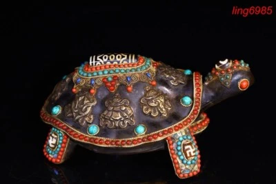 Tíbet Incrustación de vidrio piedra preciosa dZi Ocho Tesoros animal tortuga estatua Foto 1 de 4