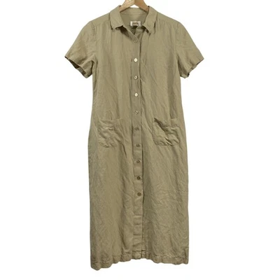 Talbots Womens Silk Linen 90s Short Sleeve Shirt Dress sz 14 Tan Minimalist Prep - Image 1 of 4