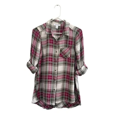 Motherhood Maternity Women's Pink/Green Plaid Flannel Roll Tab Sleeve Shirt S - Image 1 of 4