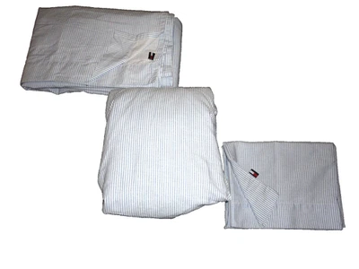 TOMMY HILFIGER BLUE & WHITE OXFORD STRIPES (3P) FULL SHEET SET COTTON BLEND - Image 1 of 4