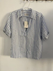 Blusa de mujer UT manga corta azul a rayas calce relajado mezcla de lino rayón - Imagen 1 de 5
