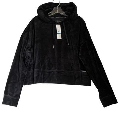 Calvin Klein Velour Hooded Sweatshirt Women XL Black Cropped Casual Go Out Y2K - Image 1 of 4