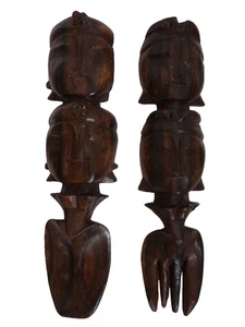 VINTAGE SALAD SERVERS SPOON & FORK - Indonesian Folk Art Wood Carving 24cm / 9" - Picture 1 of 5
