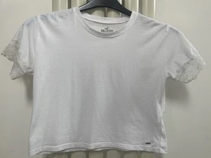 Ladies XS Hollister White Cotton T-shirt With Laced Sleeves - Picture 1 of 3