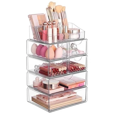 Organizador de Maquillaje Transparente de 5 Niveles con Cajón, Almacenamiento de Cosméticos Portátil para Tocador Foto 1 de 4