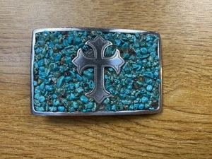Nocona Silver Tone Cross and Turquoise Rock Belt Buckle - Picture 1 of 4