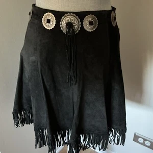 Frontier Collection USA Vintage Suede Fringe Skirt Black Embellished Cowgirl 12 - Picture 1 of 14