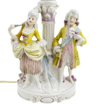 Vintage Boudoir Lamp German Germany Porcelain Figural Courting Couple White Dog - Image 1 of 4