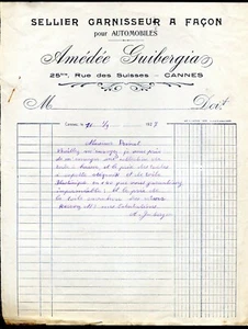 ancienne facture Amédée Guibergia Sellier Garnisseur pour automobile.Cannes.1927 - Picture 1 of 1