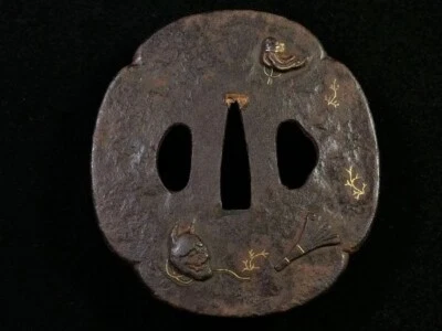 TSUBA Noh Mask and Fan Gold Inlay Mokko Shape Japanese Sword Guard Edo Antique - Image 1 of 4