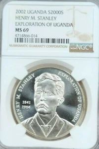 2002 UGANDA SILVER 2000 SHILLINGS EXPLORATION OF UGANDA NGC MS 69 RARE TOP POP 1 - Picture 1 of 5