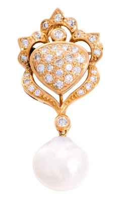 0.97ct Natural Diamond 14K BIS Hallmarked Yellow Gold Pearl Wedding Brooch Pin - Image 1 of 4