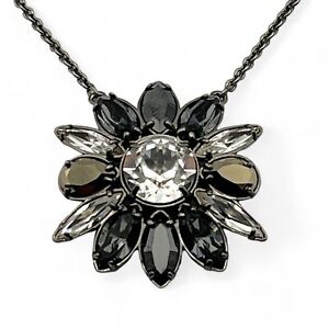 Swarovski Silver Tone Black and Clear Crystal Flower Pendant Necklace