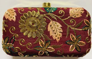 Merlot GOLDEN SILK box CLUTCH PURSE Hard Case Cocktail Evening Bag CRYSTAL USA - Picture 1 of 12