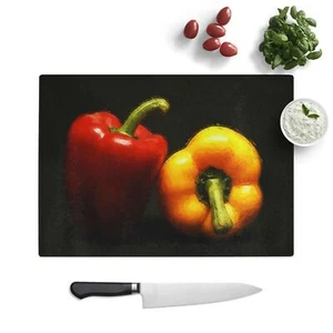 Red & Yellow Bell Pepper Chopping Board Glass Textured Cutting Worktop Kitchen - Picture 1 of 6
