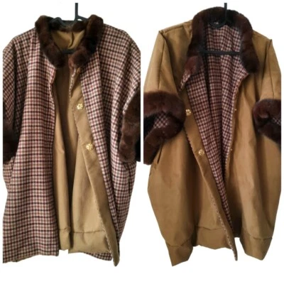 Poncho Capa Talla Libre Lana Oliva Gamuza Doble Lado Piel Visón Talla Libre Foto 1 de 4