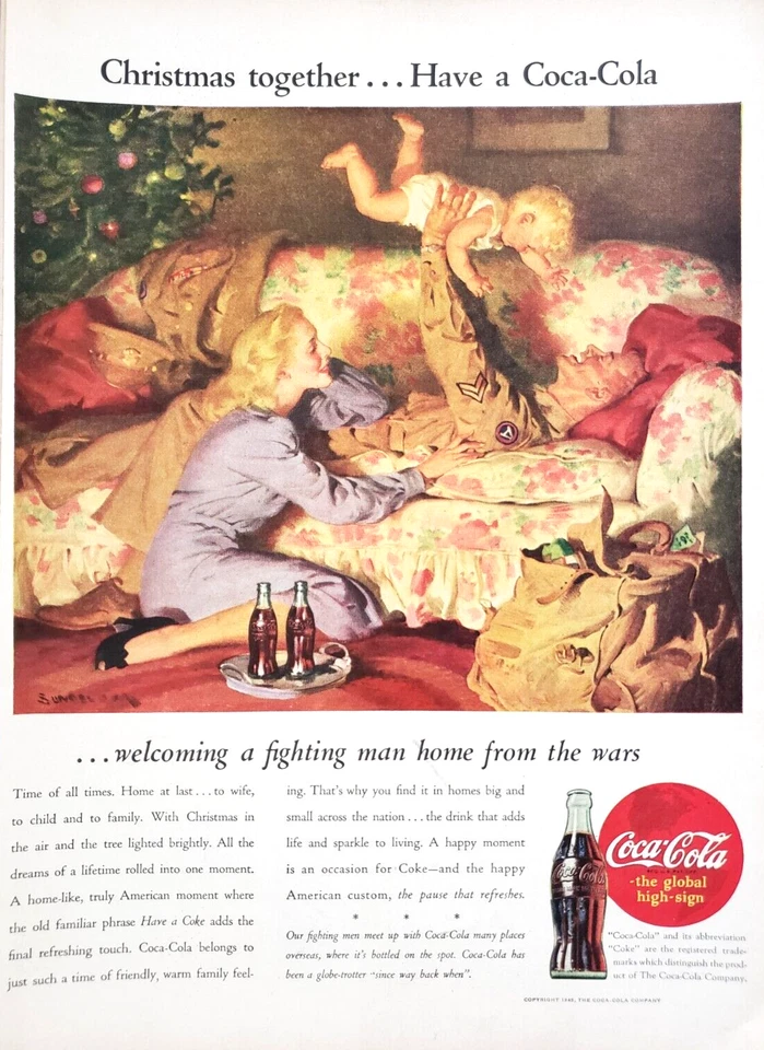 PRINT AD Coca Cola 1945 10.5x13 Christmas Soldier Home End of WWII Wife Baby - Image 1 of 1