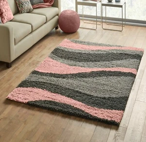 SMALL - X LARGE THICK GREY SILVER SOFT BABY BLUSH PINK WAVES MODERN SHAGGY RUG - Picture 1 of 4