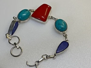 Sterling Silver 925 Bracelet Coral Turquoise Lapis Lazuli Stones 18,15g - Picture 1 of 10