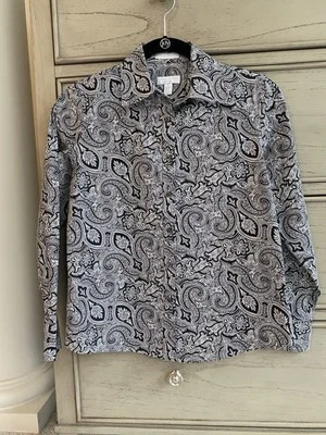 Charter Club 4 Petite Black & White Paisley Collar Button Down Shirt - Image 1 of 3