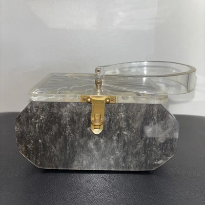Vintage MCM 1950s Lucite Box Purse, Brass Hardware, Gray Marble Pattern READ - Image 1 of 4