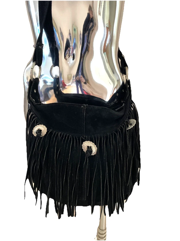 Vintage Native American Suede Leather Bag Crossbody Black Fringe Conch Boho - Image 1 of 4