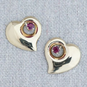 Vintage 14k Yellow Gold Garnet Stud Heart Shaped Earring Jacket Enhancers ¾" - Picture 1 of 6