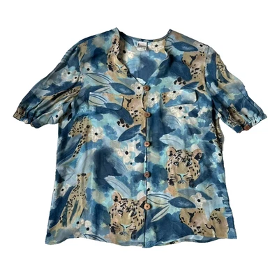 Blusa Krizia Poi Mujer 46 L Guepardo Leopardo Gato Estampado Botón Transparente Top Italia Foto 1 de 4