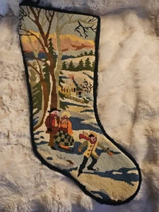Vtg 1970s Needlepoint Christmas Stocking Winter Scene Satin Lined 19" Holiday - Picture 1 of 14