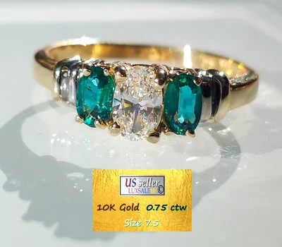 Estate Ring, 0.75 ctw 10k gold, Emeralds with certified diamond, Size 7.5 Oval - Image 1 of 4