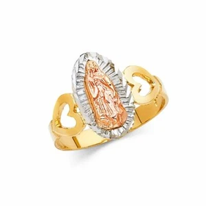 14k 3T Gold Virgin of Guadalupe Heart Ring Oro Solido Virgen de Guadalupe Anillo - Picture 1 of 3