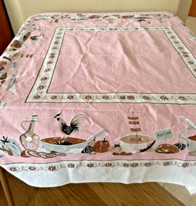 Vintage Printed Tablecloth Pink Brown 46"x51" Kitsch Retro Farmhouse Cottage - Picture 1 of 11